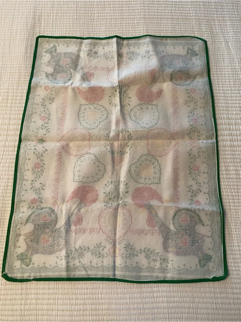 Vintage Cotton Tea Towel Folk Art Colorful Roosters Hearts Made In Portugal